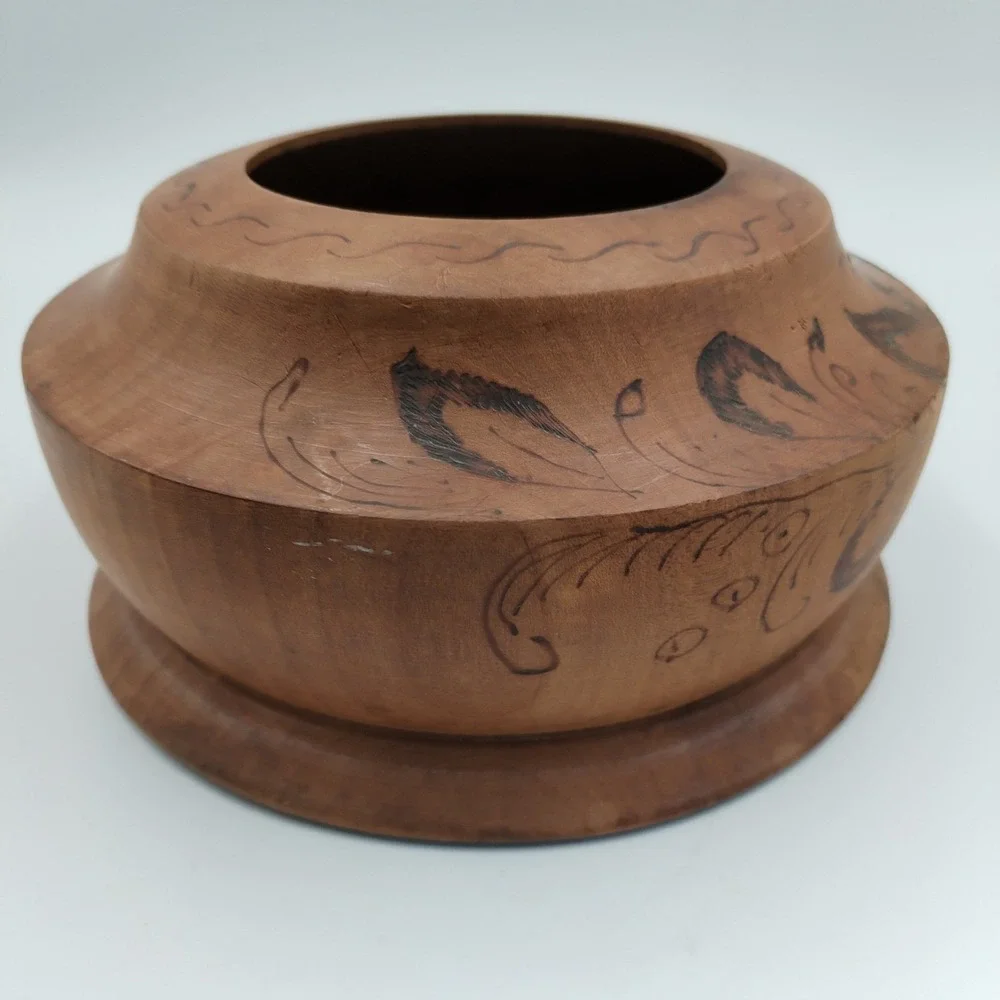 Vintage Hand Turned Wood Bowl Pyrography Floral Design Wood Burned Folk Art Boho
